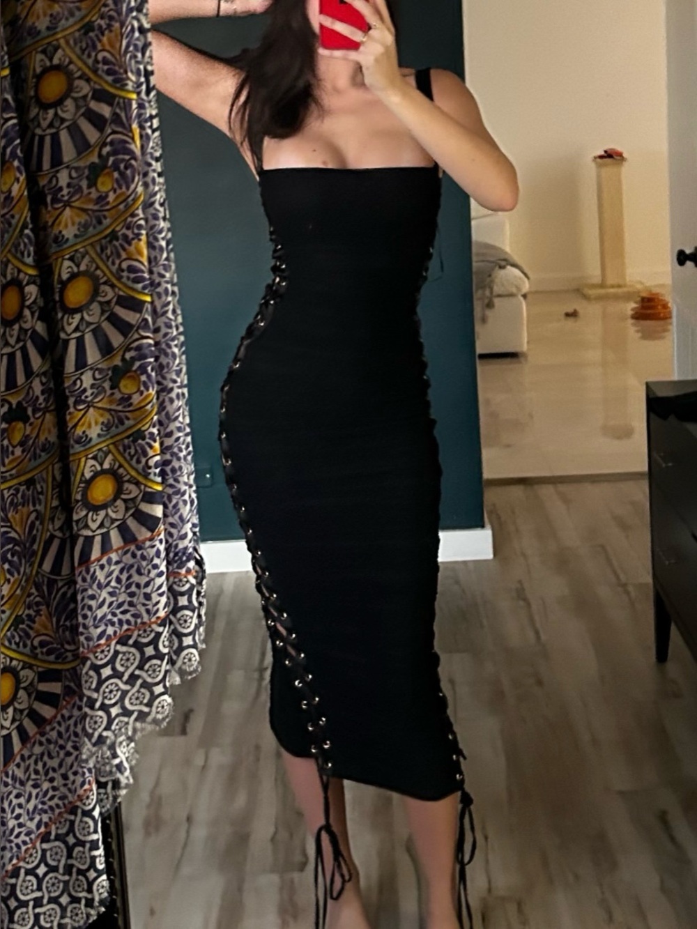 Black Lace-Up Ruched Maxi Dress